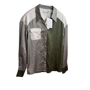 Petite Studio XS Neutral Colorblock Button Parisian Minimalist Quiet Luxury Top